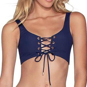 Maaji Dazzling Bikini Top XL Blue Striped Reversible 4 Way Lace Up Swimwear